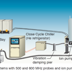 Explore the diagram of a cryogenic probe system, showcasing advanced structure elucidation equipment. It features a CryoBay, TASK system, vibration damping pier, ion pump, and He refrigerator, with connections to probes operating at both 500 and 600 MHz for enhanced capability.