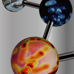 Graphic of a molecular structure with metallic connectors; one sphere shows a biological image and another reflects light, capturing the essence of pharmaceutical science as highlighted at PHARMSCI 360.