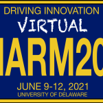 A virtual event graphic resembling a license plate, featuring "DRIVING INNOVATION," "#MARM2021," and event dates June 9-12, 2021, hosted by the University of Delaware.