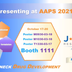 Promotional poster for J-STAR Research at AAPS PharmSci360 in Philadelphia, featuring presentation dates, booth number 1111, and services like crystallization and formulation in a hexagonal diagram.