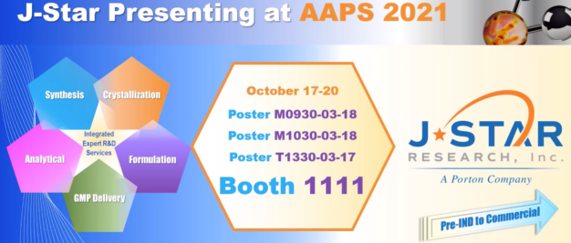 Promotional poster for J-STAR Research at AAPS PharmSci360 in Philadelphia, featuring presentation dates, booth number 1111, and services like crystallization and formulation in a hexagonal diagram.