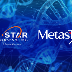 Logos of J-Star Research, Inc. and MetasTx LLC are elegantly overlaid on a dynamic background of DNA strands, reflecting the synergy in Phase One Development.