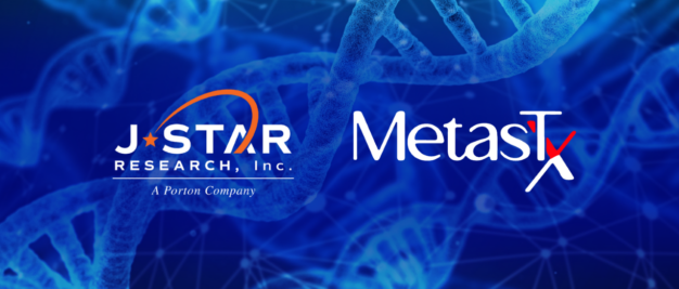 Logos of J-Star Research, Inc. and MetasTx LLC are elegantly overlaid on a dynamic background of DNA strands, reflecting the synergy in Phase One Development.