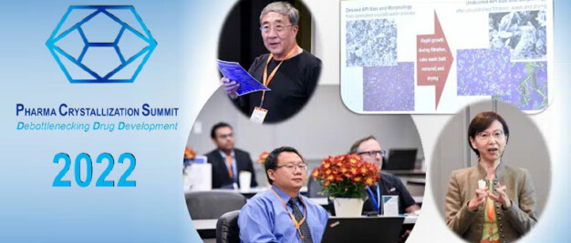 Collage showcasing the Pharma Crystallization Summit 2022, featuring speakers, participants, and the technical program's presentation slides alongside the event logo.