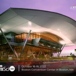 The sleek exterior of the Boston Convention Center is beautifully illuminated at dusk. Text highlights: "AAPS Annual Meeting, October 16th - 19th, 2022, Boston Convention Center, Boston, MA.