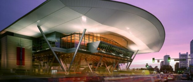 The sleek exterior of the Boston Convention Center is beautifully illuminated at dusk. Text highlights: "AAPS Annual Meeting, October 16th - 19th, 2022, Boston Convention Center, Boston, MA.