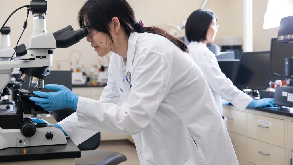 Two scientists in lab coats work in a laboratory; one examines a sample under a microscope, while the other uses a computer in the background.