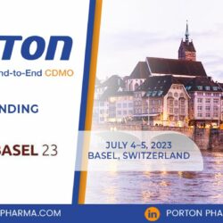 Porton Pharma Solutions is attending BOS Basel 2023 on July 4-5 in Basel, Switzerland, at Stand 17. The image features a cityscape background and event details, highlighting the inclusion of Computational Studies in Pharmaceutical Crystals.