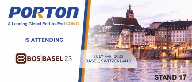 Porton Pharma Solutions is attending BOS Basel 2023 on July 4-5 in Basel, Switzerland, at Stand 17. The image features a cityscape background and event details, highlighting the inclusion of Computational Studies in Pharmaceutical Crystals.