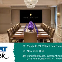 Elegant conference room with a long table set for a meeting, featuring a central bouquet of purple flowers. Text overlay details DCAT Week event at Intercontinental Hotel, NYC, March 18-21, 2024.