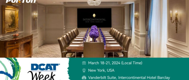 Elegant conference room with a long table set for a meeting, featuring a central bouquet of purple flowers. Text overlay details DCAT Week event at Intercontinental Hotel, NYC, March 18-21, 2024.