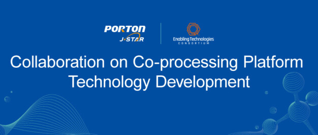 Blue background with text: "PORTON J-STAR Collaboration on Co-processing Platform Technology Development" and "Enabling Technologies Consortium" logo. Abstract wave design at bottom.