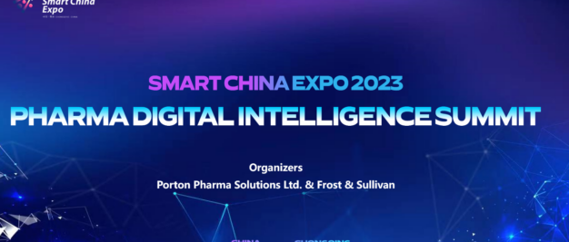 Event poster for "Smart China Expo 2023: Pharma Digital Intelligence Summit" organized by Porton Pharma Solutions Ltd. and Frost & Sullivan, set in Chongqing, China.