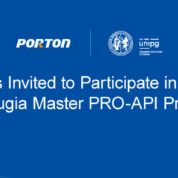 Blue graphic with Porton and University of Perugia logos. Text reads: "Porton Experts Invited to Participate in the University of Perugia Master PRO-API Program.