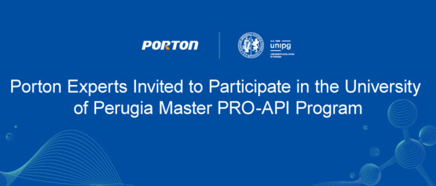 Blue graphic with Porton and University of Perugia logos. Text reads: "Porton Experts Invited to Participate in the University of Perugia Master PRO-API Program.