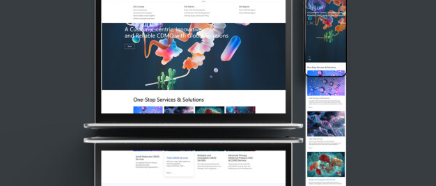 A laptop and smartphone display the redesigned website of Porton Pharma Solutions, featuring scientific visuals, information about CDMO services, and a global presence map.