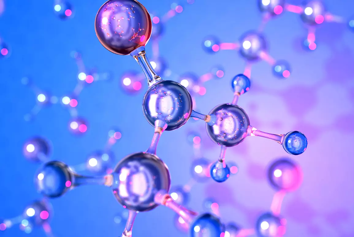 A 3D illustration of interconnected molecules in shades of blue and purple, set against a gradient blue and pink background.