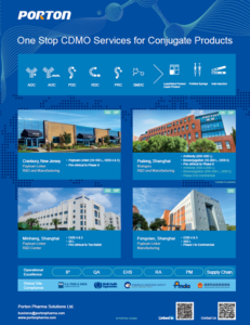 Promotional poster for Porton Pharma Solutions, showcasing our CDMO services, including Porton Conjugate Products, at various locations. Features contact info and QR codes for easy access.