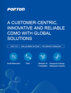 In Porton Pharma Solution’s blue and white 2025 brochure, discover their CDMO global solutions with icons for small molecules, biologics, tides, and advanced therapy medicinal products.