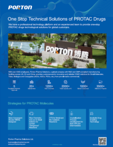 Informational infographic for Porton Pharma Solutions, highlighting facilities and expertise in PROTAC drug solutions. Discover our key strategies with Porton Technical Solutions. Features contact details and company logo.