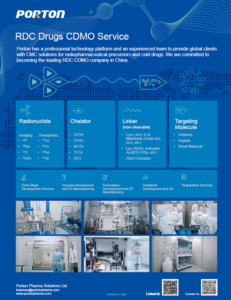 Promotional poster for Porton RDC's CDMO Service, highlighting offerings such as radionuclide, chelator, linker, and targeting molecule. Includes comprehensive company contact information.