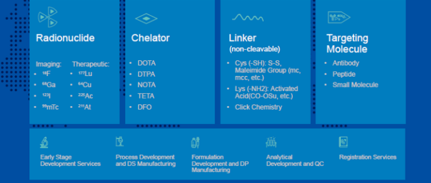 Promotional poster for Porton RDC's CDMO Service, highlighting offerings such as radionuclide, chelator, linker, and targeting molecule. Includes comprehensive company contact information.