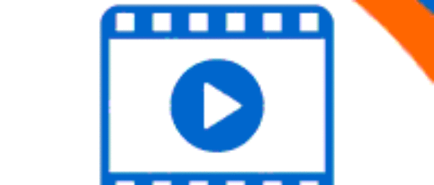 Icon of a film strip with a play button inside and the word 