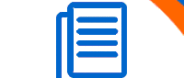 Blue outlined document icon with three lines of text on a curved white background. 