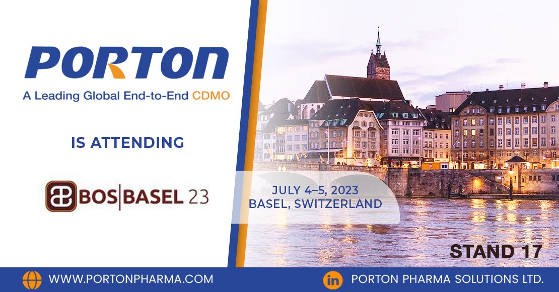 Porton Pharma Solutions is attending BOS Basel 2023 on July 4-5 in Basel, Switzerland, at Stand 17. The image features a cityscape background and event details, highlighting the inclusion of Computational Studies in Pharmaceutical Crystals.