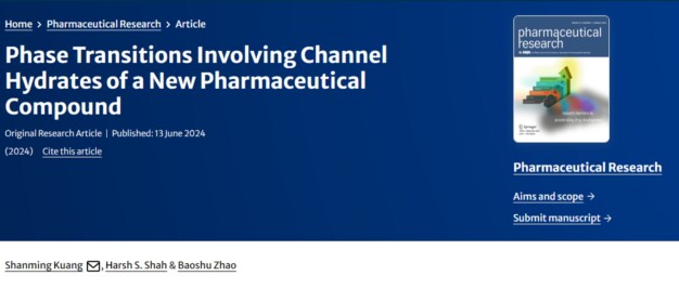 Website showing a pharmaceutical research article titled "Phase Transitions Involving Channel Hydrates of a New Pharmaceutical Compound," published June 13, 2024. Authors listed at the bottom.