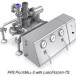 Industrial equipment labeled as "FPS PilotMill-2 with LaboFeeder-TS," featuring gauges, pipes, and a control panel.